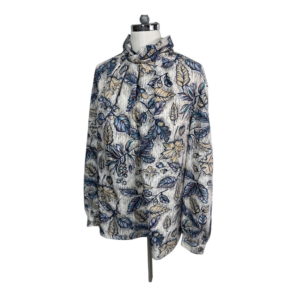 Pyke Ltd Vintage Floral Leaf Print Blouse Ruffled‎ Mock Neck Zip Back Women's M - Picture 4 of 8